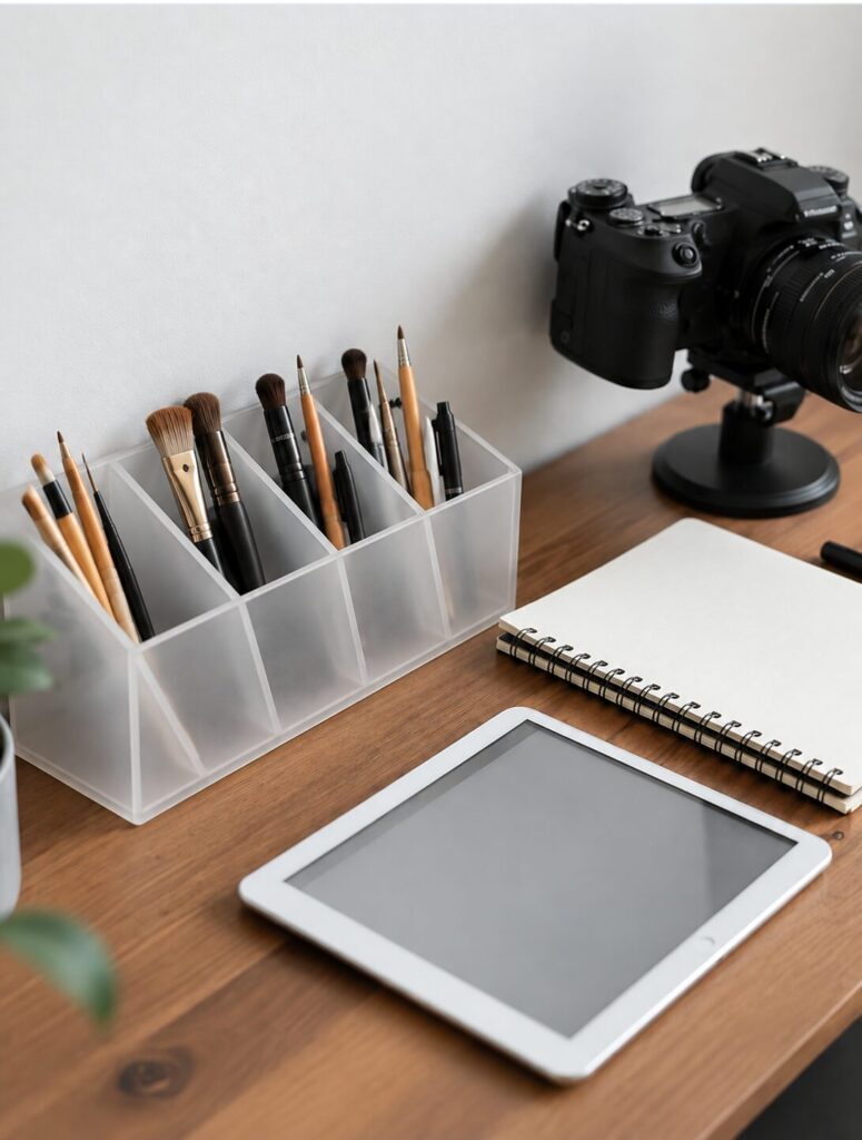 Clear Rapi organizer beside a camera and tablet