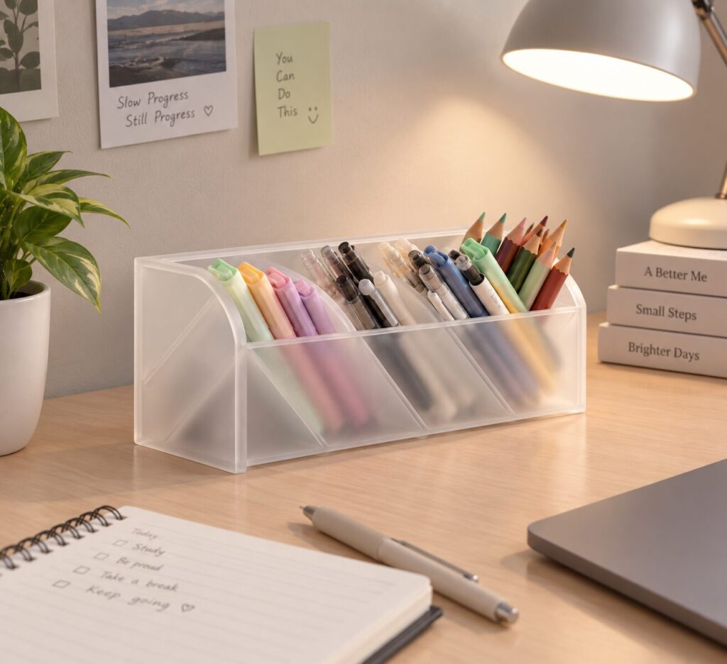 Clear Rapi organizer with pens on an office desk